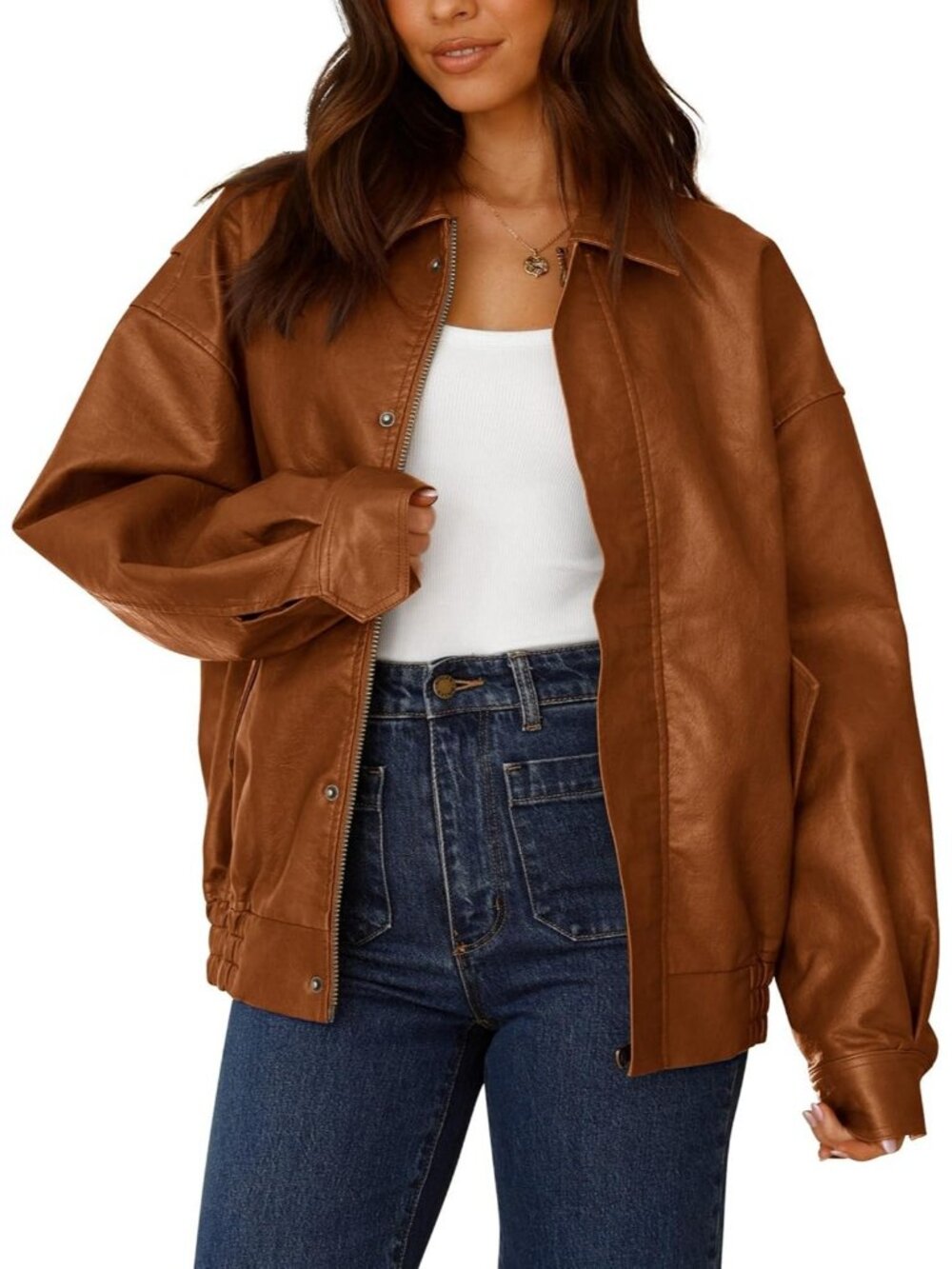 Women's Red Brown Faux Leather Motorcycle Jacket Trendy Outfits Oversized Fit